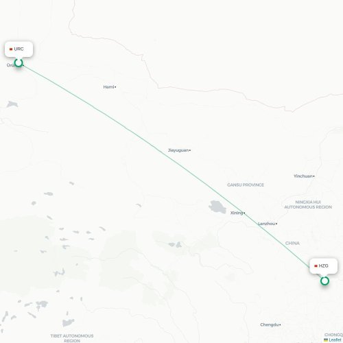 Mapa lotu bezpośredniego Urumczi – Hanzhong