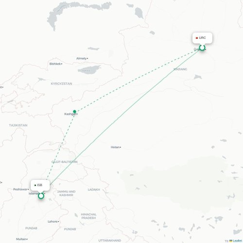 Mapa de vuelo directo Ürümqi - Islamabad
