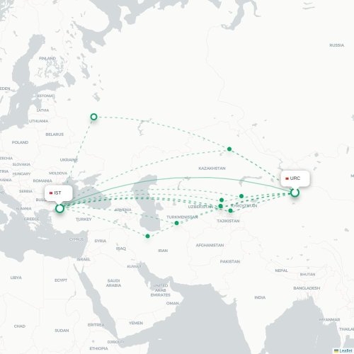 Mapa lotu bezpośredniego Urumczi – Stambuł