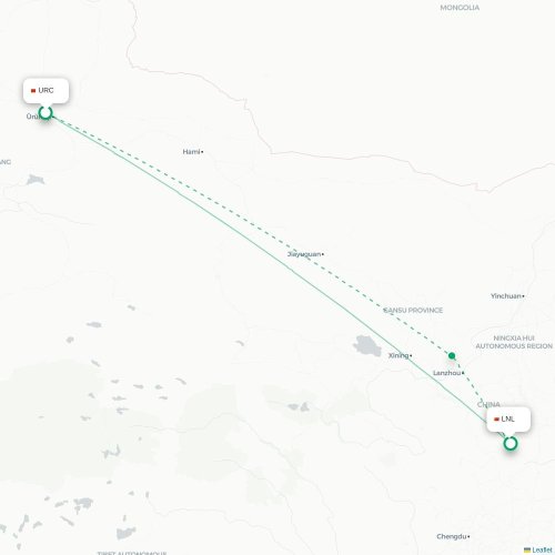 Mapa lotu bezpośredniego Urumczi – Longnan