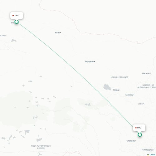 Mapa lotu bezpośredniego Urumczi – Mianyang
