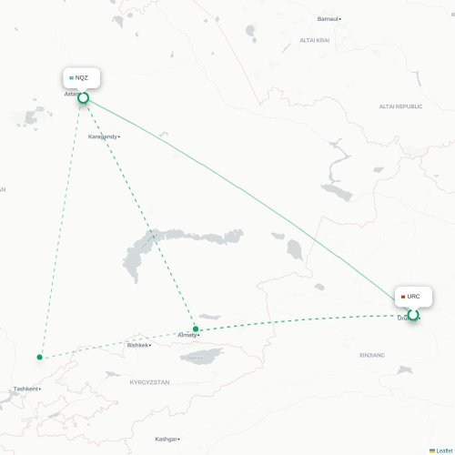Urumqi - Tselinograd karta över direktflyg