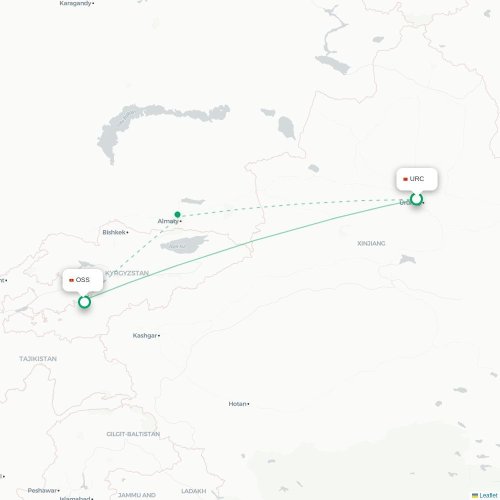 Mapa lotu bezpośredniego Urumczi – Osz