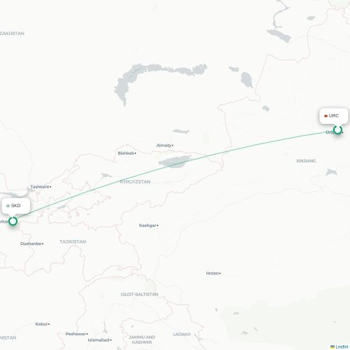 Mapa lotu bezpośredniego Urumczi – Samarkanda