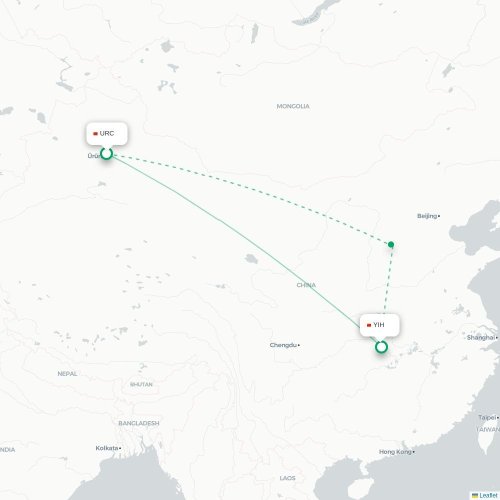 Mapa de vuelo directo Ürümqi - Yichang