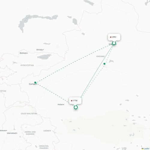 Mapa lotu bezpośredniego Urumczi – Hoten