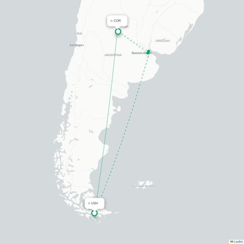 Mapa lotu bezpośredniego Ushuaia – Kordoba