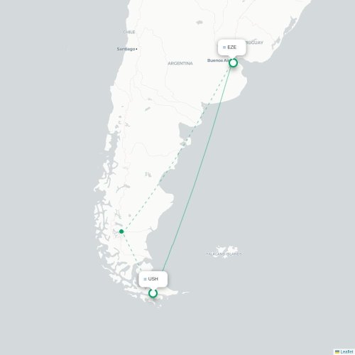 Mapa lotu bezpośredniego Ushuaia – Buenos Aires