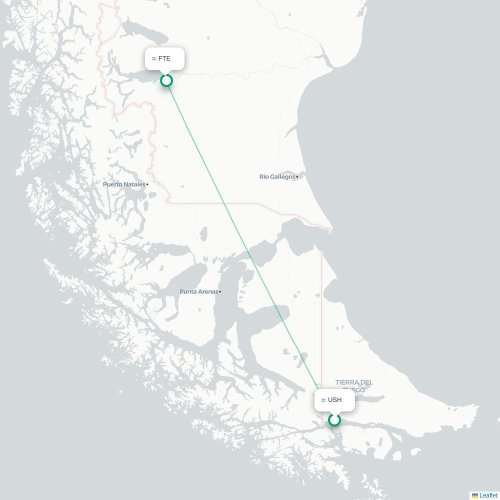 Mapa lotu bezpośredniego Ushuaia – El Calafate