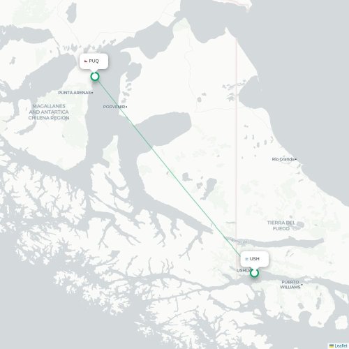 Mapa lotu bezpośredniego Ushuaia – Punta Arenas