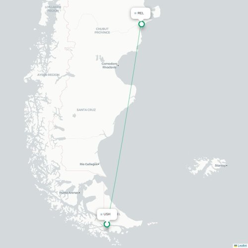 Mapa lotu bezpośredniego Ushuaia – Trelew