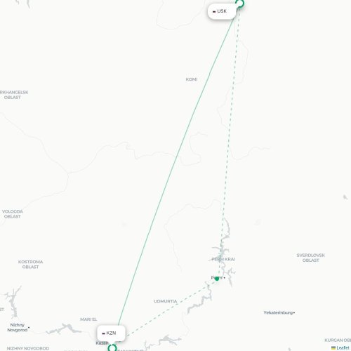 Mapa de vuelo directo Usinsk - Kazán