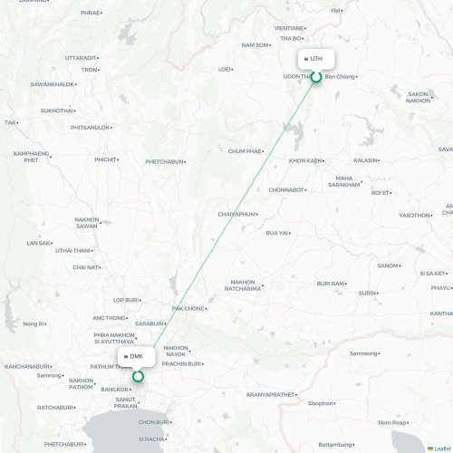Mapa lotu bezpośredniego Udon Thani – Bangkok