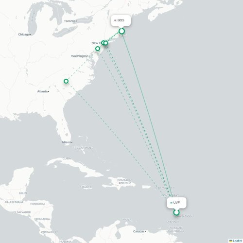 Mapa de vuelo directo Castries - Boston