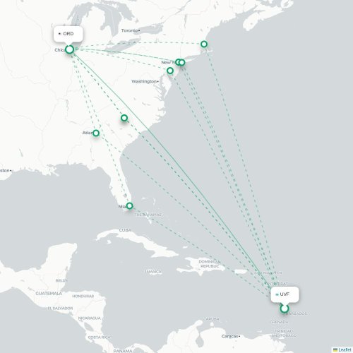 Mapa de vuelo directo Castries - Chicago
