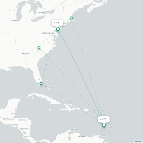 Mapa de vuelo directo Castries - Filadelfia
