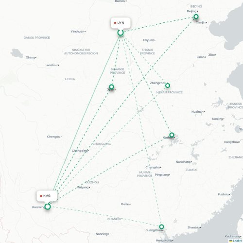 Mapa de vuelo directo Yulin - Kunming