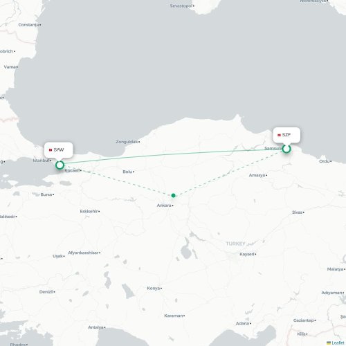 Mapa de vuelo directo Van - Estambul