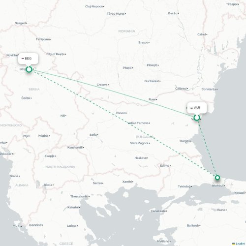 Mapa lotu bezpośredniego Warna – Belgrad