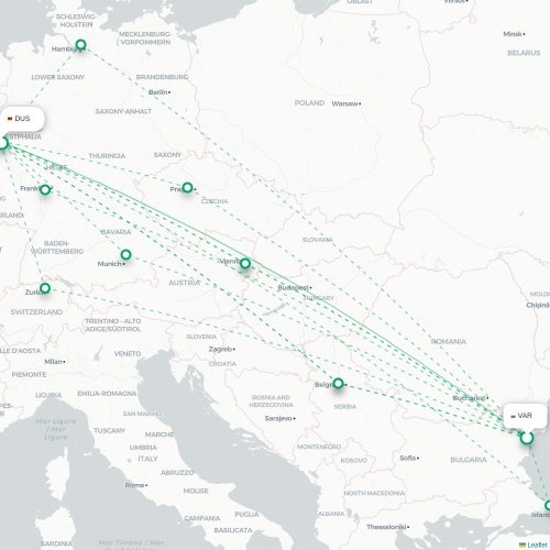 Mapa lotu bezpośredniego Warna – Düsseldorf