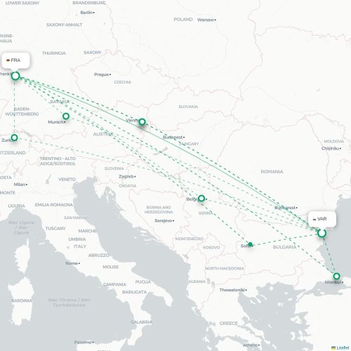 Mapa lotu bezpośredniego Warna – Frankfurt nad Menem