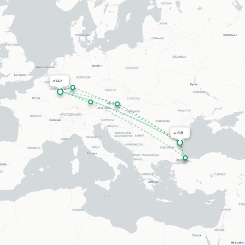 Mapa de vuelo directo Varna - Luxemburgo