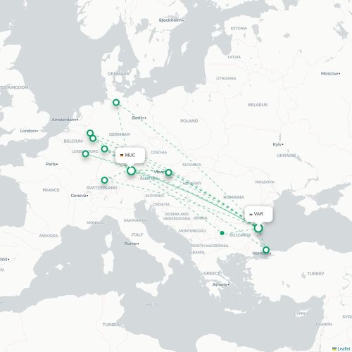 Mapa lotu bezpośredniego Warna – Monachium