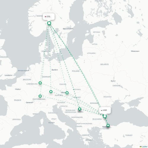 Mapa lotu bezpośredniego Warna – Oslo