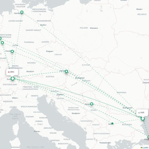 Mapa lotu bezpośredniego Warna – Zurych