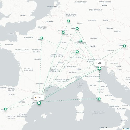 Mapa de vuelo directo Venecia - Barcelona
