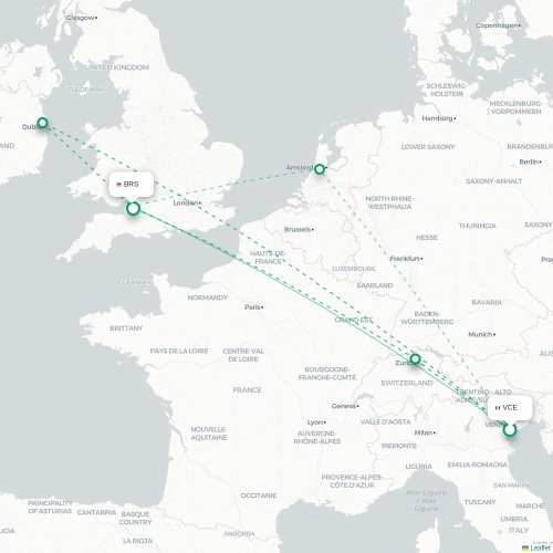 Mapa de vuelo directo Venecia - Brístol