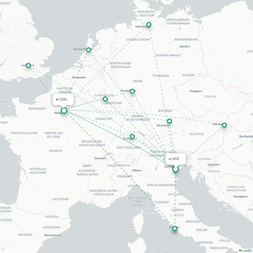 Mapa de vuelo directo Venecia - París