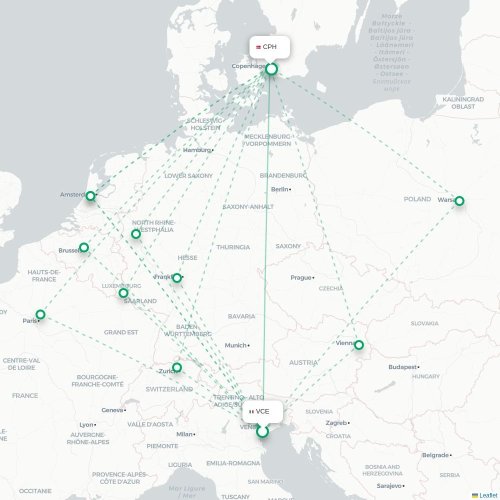 Mapa lotu bezpośredniego Wenecja – Kopenhaga