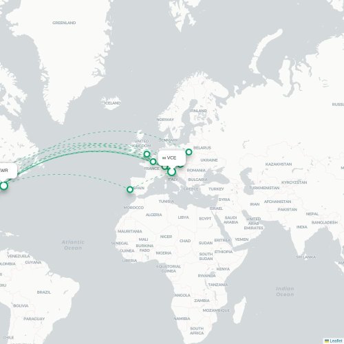 Mapa de vuelo directo Venecia - Newark