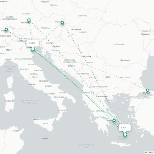 Venedig - Thira karta över direktflyg