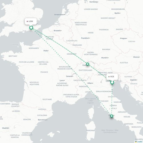 Mapa de vuelo directo Venecia - Londres