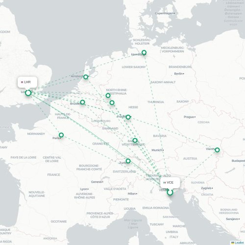 Mapa de vuelo directo Venecia - Londres