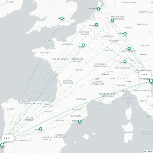 Mapa lotu bezpośredniego Wenecja – Lizbona