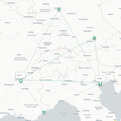 Mapa lotu bezpośredniego Wenecja – Lyon