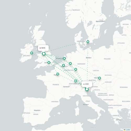 Mapa de vuelo directo Venecia - Mánchester