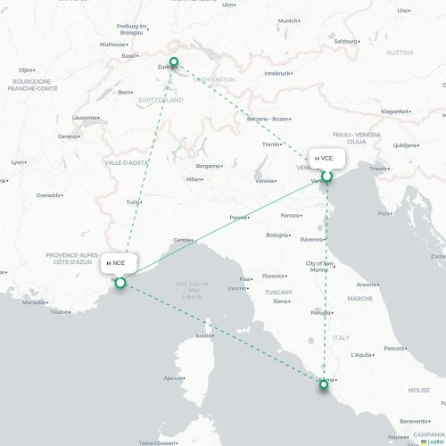 Mapa lotu bezpośredniego Wenecja – Nicea