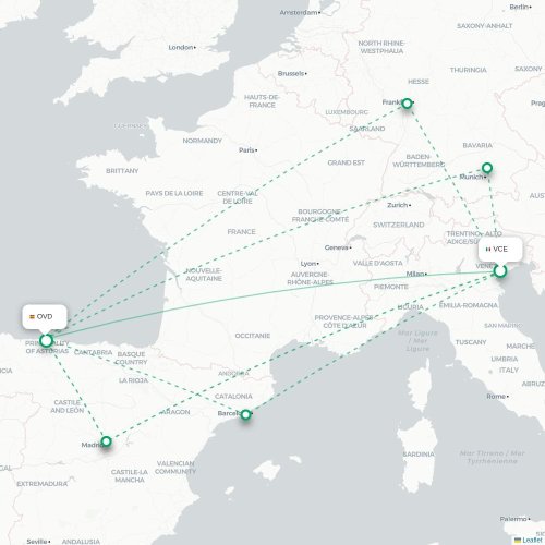 Mapa de vuelo directo Venecia - Oviedo