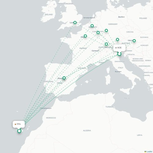 Mapa de vuelo directo Venecia - Granadilla de Abona