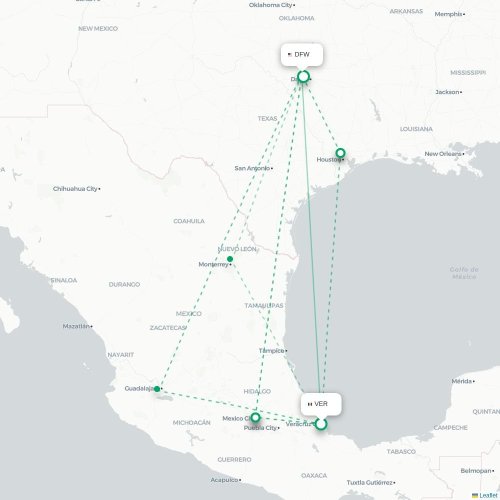 Veracruz - Dallas karta över direktflyg