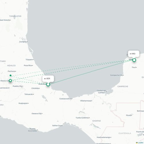 Veracruz - Mérida kort over direkte fly