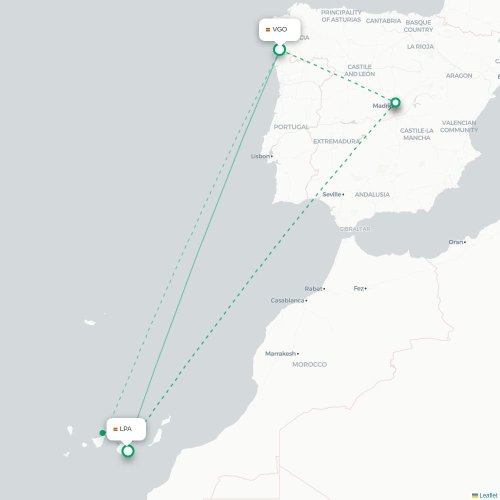 Mapa de vuelo directo Vigo - Las Palmas de Gran Canaria