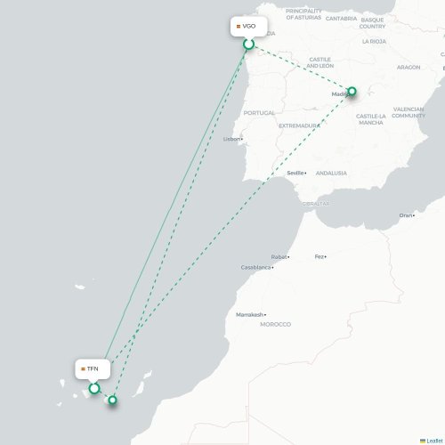 Mapa de vuelo directo Vigo - Santa Cruz de Tenerife