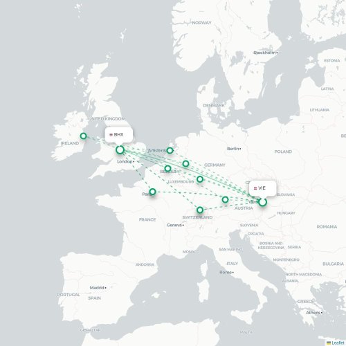 Wien - Birmingham karta över direktflyg
