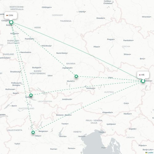 Mapa lotu bezpośredniego Wiedeń – Kolonia