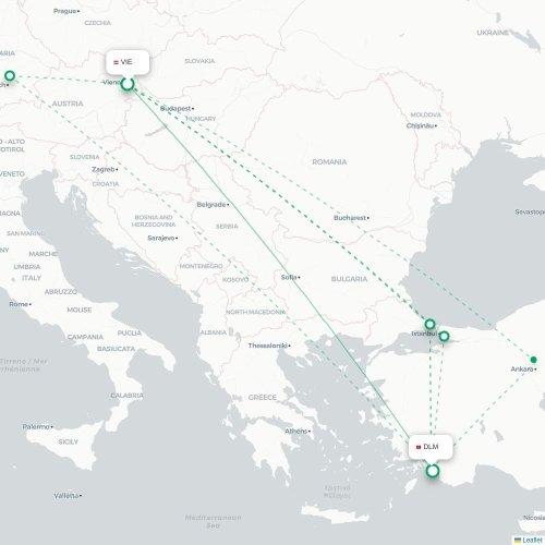 Wien - Dalaman karta över direktflyg